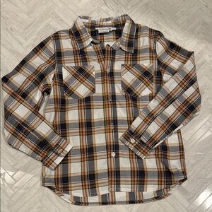 Bonpoint Plaid Button-Up Shirt in White, Black & Tan, size 8